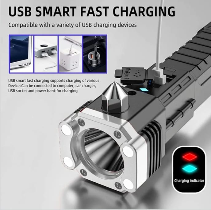 Pack of 2 – 6-in-1 Rechargeable Hammer Torch | Emergency LED Flashlight with Glass Breaker & Seatbelt Cutter