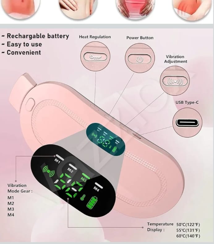 Period Cramp Relief Heating Pad Pain Device With 4 Massage Modes For Menstrual Pain And Belly Or Back Pain Relief, LED Display, Comfortable Belt,