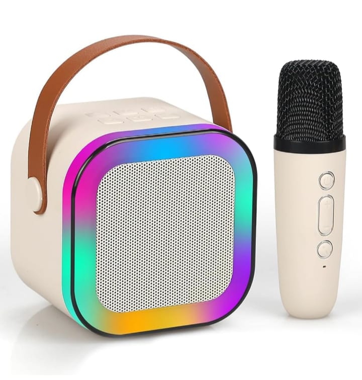 K-12 Mini Portable Bluetooth Karaoke Speaker with 1 Wireless Microphones, LED Color Lights, Voice Effects, Multiple Connectivity Options for Kids and Adults