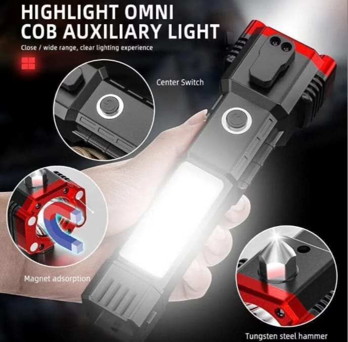 Pack of 2 – 6-in-1 Rechargeable Hammer Torch | Emergency LED Flashlight with Glass Breaker & Seatbelt Cutter