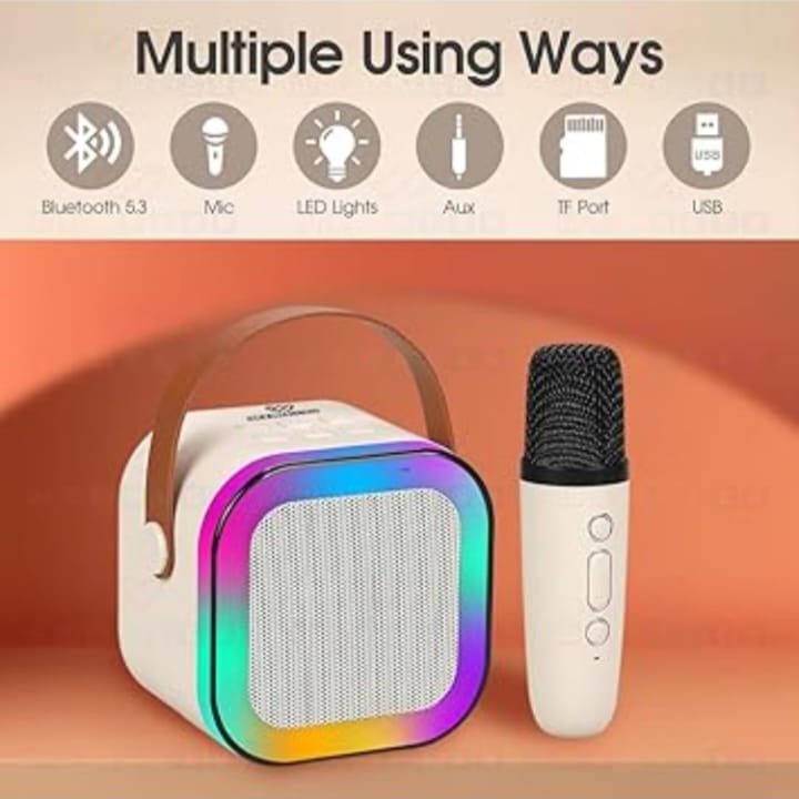 K-12 Mini Portable Bluetooth Karaoke Speaker with 1 Wireless Microphones, LED Color Lights, Voice Effects, Multiple Connectivity Options for Kids and Adults