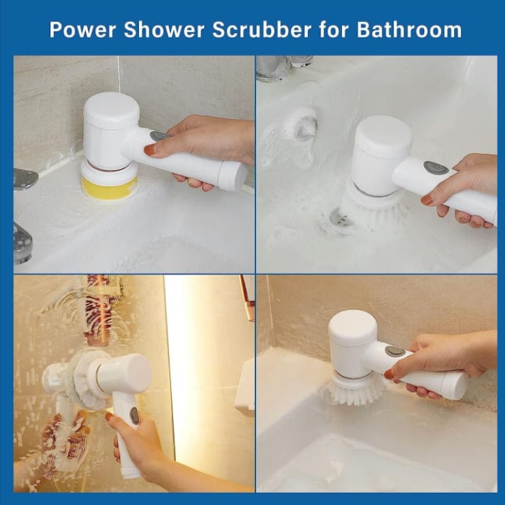 Multi-Functional Electric Cleaning Brush 5 in 1 Magic Power Scrubber Household Cleaning Tools Spin Scrubber with Buffer Polisher, for Bathroom, Shower, Tub, Kitchen Floor