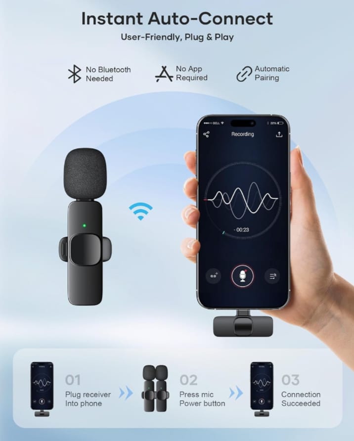 Dual Wireless Lavalier Microphone for All Smartphones | Noise Cancellation Dual Mic Set with Receiver for Recording Interviews, Vlogs, YouTube, Reels