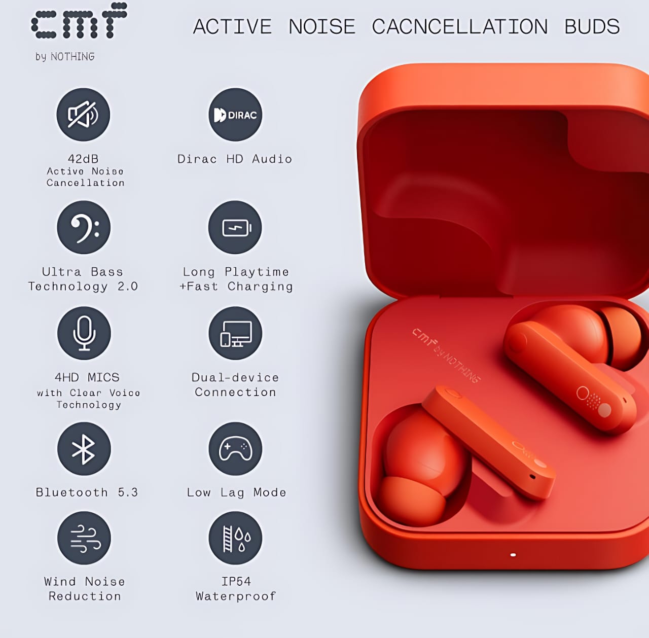 CMF by Nothing Buds (Orange) | 42dB Active Noise Cancellation, 12.4mm Bio-Fiber Drivers, Dirac-Tuned Sound | Wireless Bluetooth Earbuds