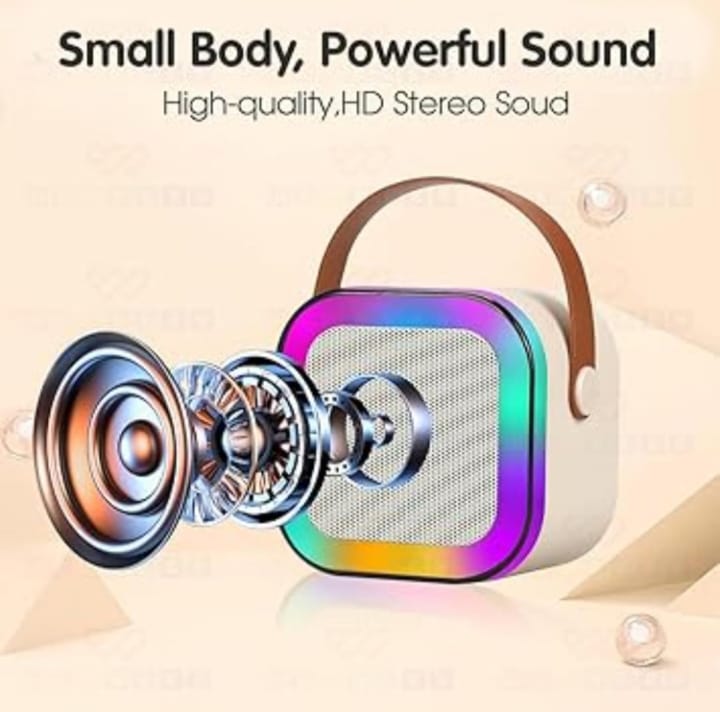 K-12 Mini Portable Bluetooth Karaoke Speaker with 1 Wireless Microphones, LED Color Lights, Voice Effects, Multiple Connectivity Options for Kids and Adults