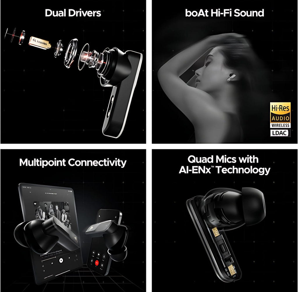 boAt Nirvana X TWS (2025) Bluetooth Earbuds TWS Ear Buds Wireless Earphones with mic, Cosmic Onyx Knowles Dual Drivers, Hi-Res Audio LDAC, Spatial Audio, 4Mic ENx, App Support, Dual Pair, Fast Charge