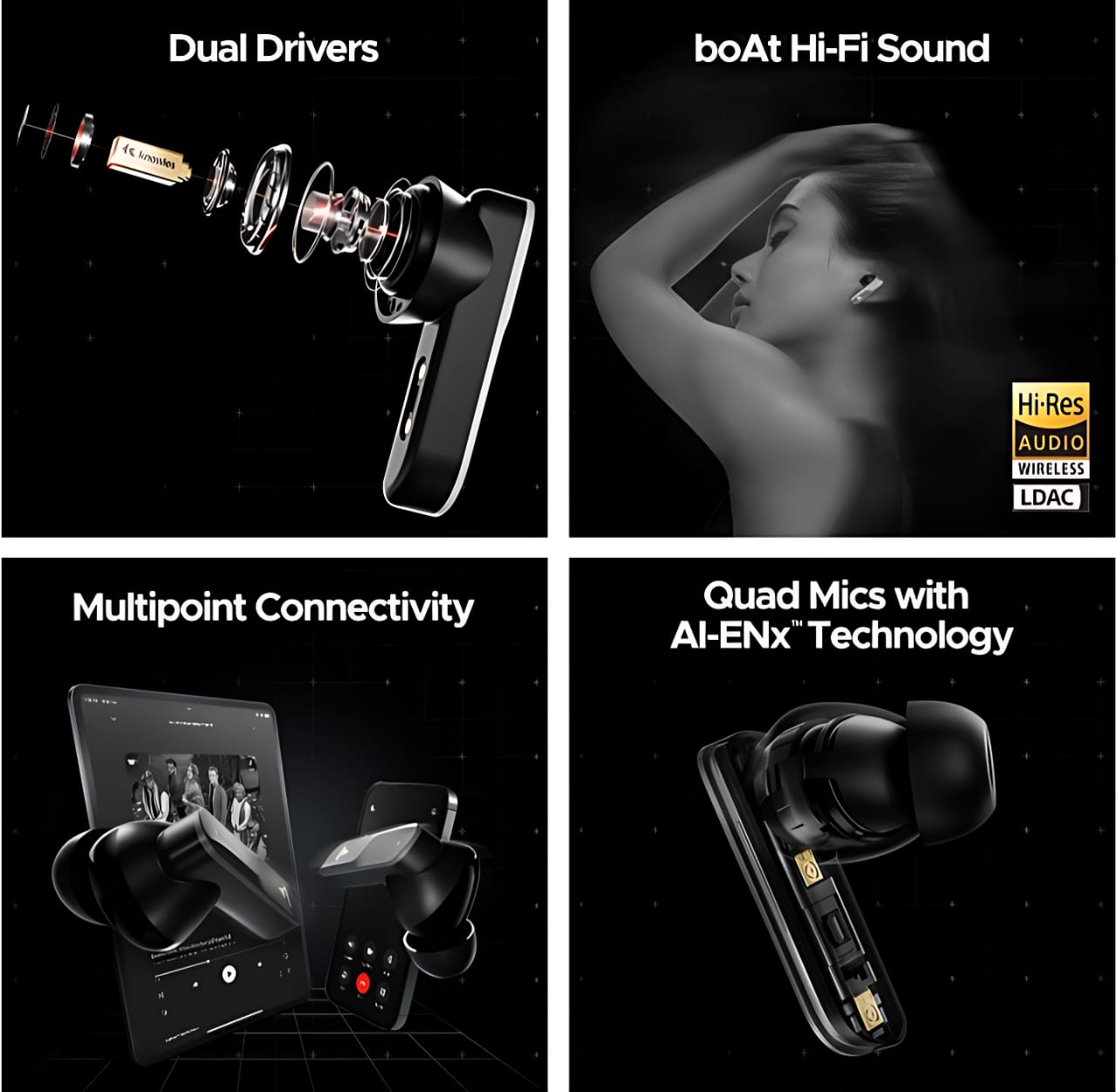 boAt Nirvana X TWS (2025) Bluetooth Earbuds TWS Ear Buds Wireless Earphones with mic, Cosmic Onyx Knowles Dual Drivers, Hi-Res Audio LDAC, Spatial Audio, 4Mic ENx, App Support, Dual Pair, Fast Charge