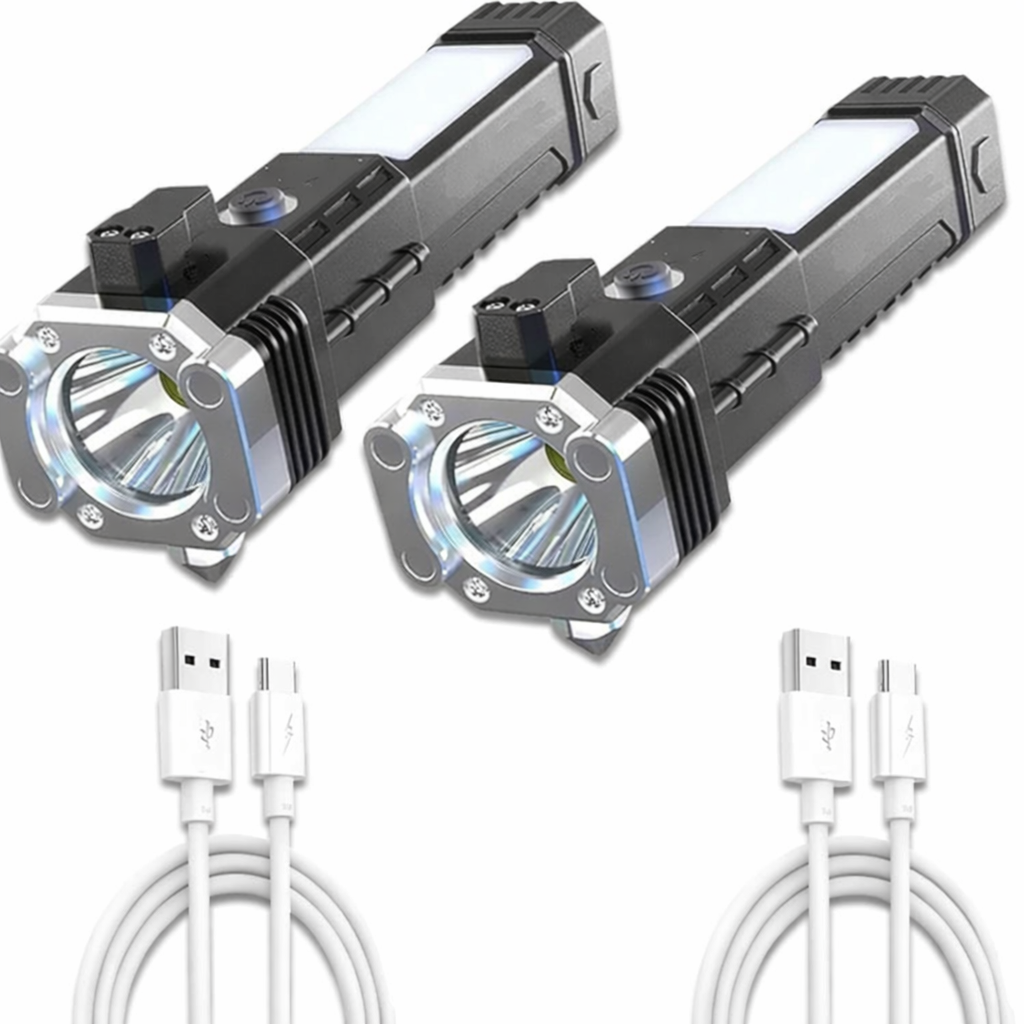 Pack of 2 – 6-in-1 Rechargeable Hammer Torch | Emergency LED Flashlight with Glass Breaker & Seatbelt Cutter